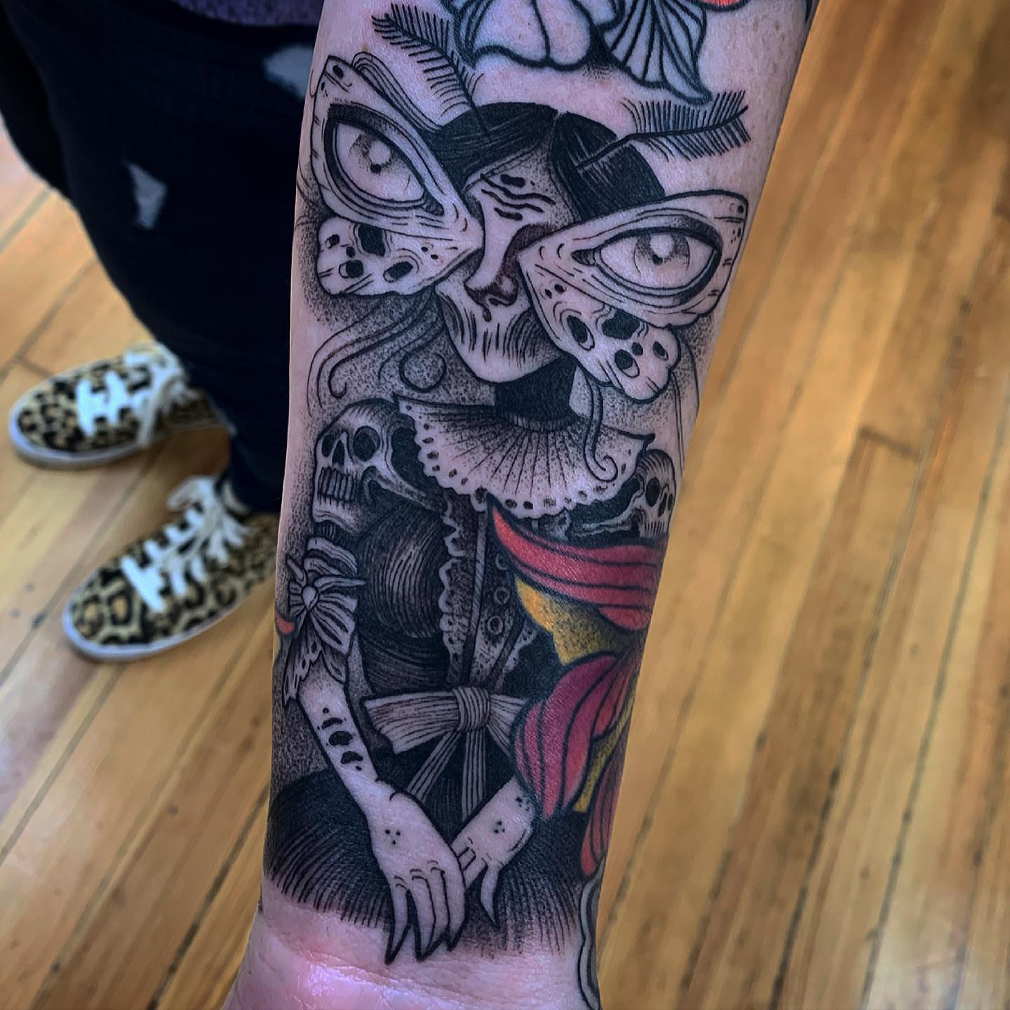 Catrina skeleton American traditional tattoo on the forearm by Briana Walker