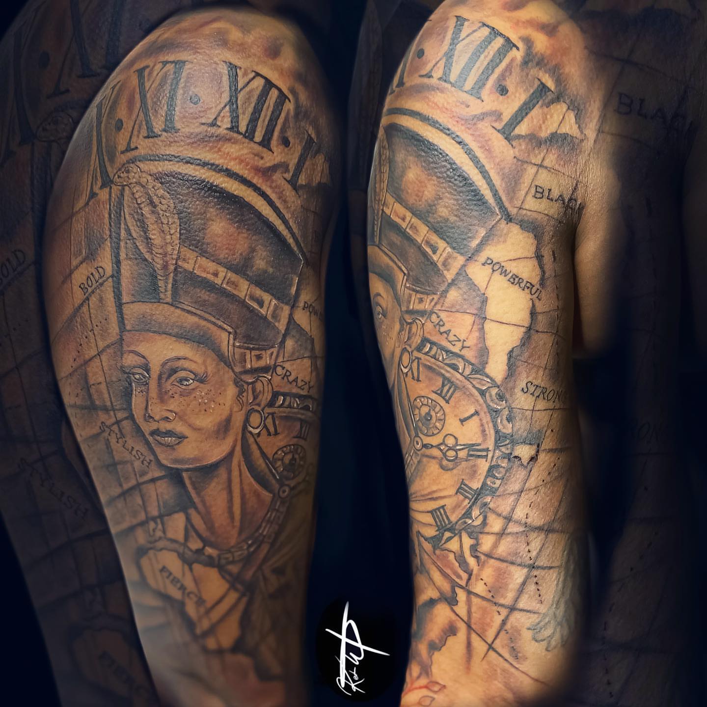 Woman with clock realism tattoo on the forearm by Ken West