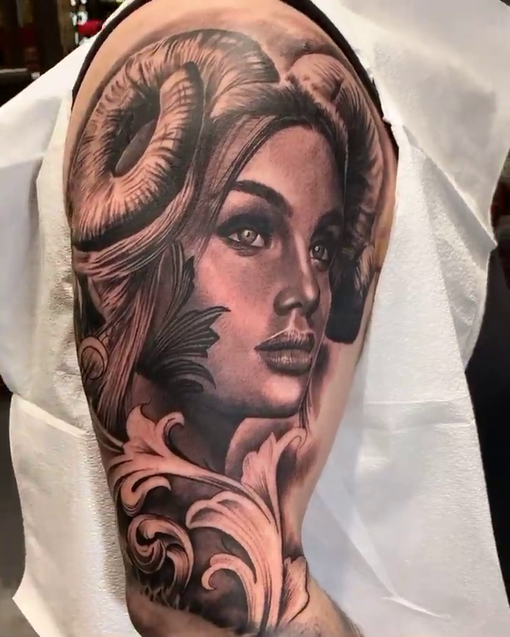 Woman with ram horns realism tattoo by BJ