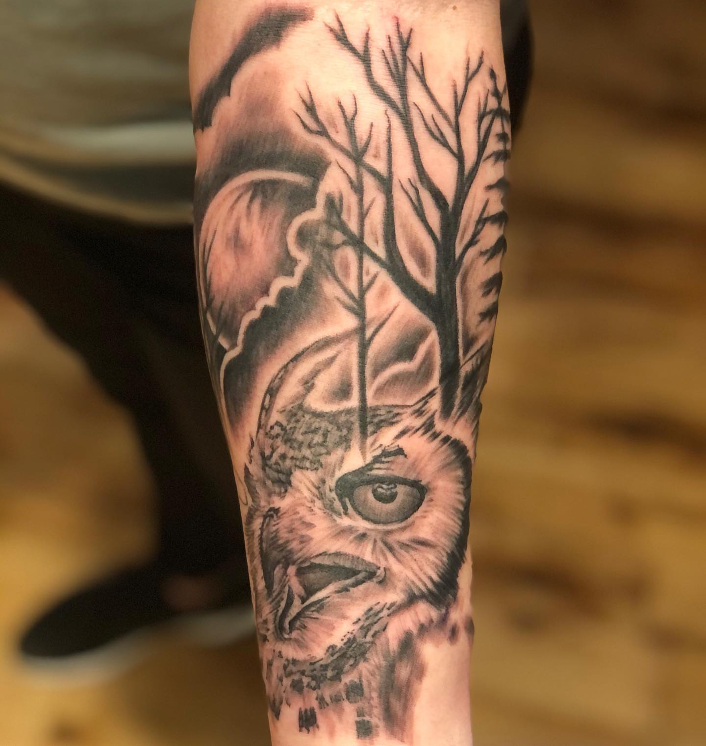 Owl realism tattoo on the forearm by A.W.