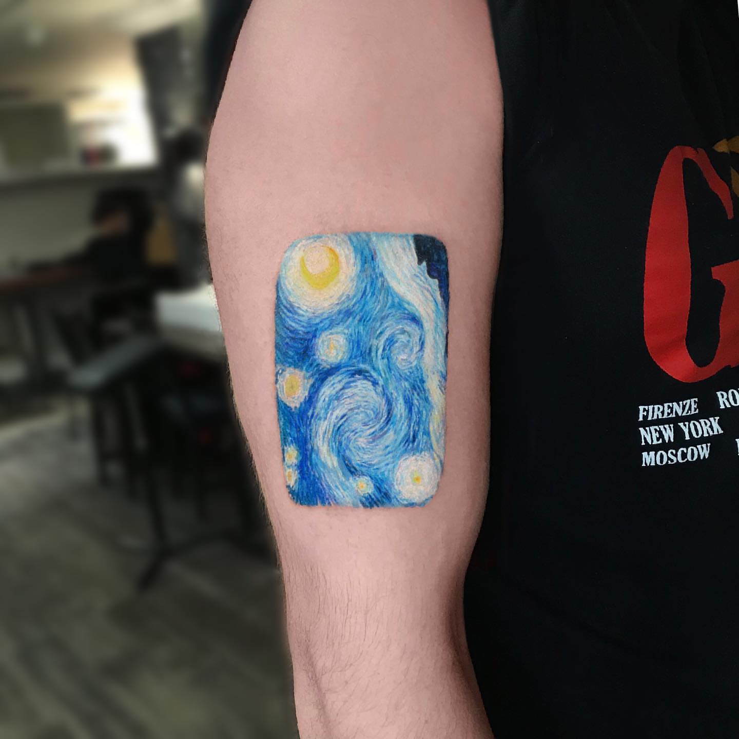 Starry night dotwork tattoo on the forearm by Aren