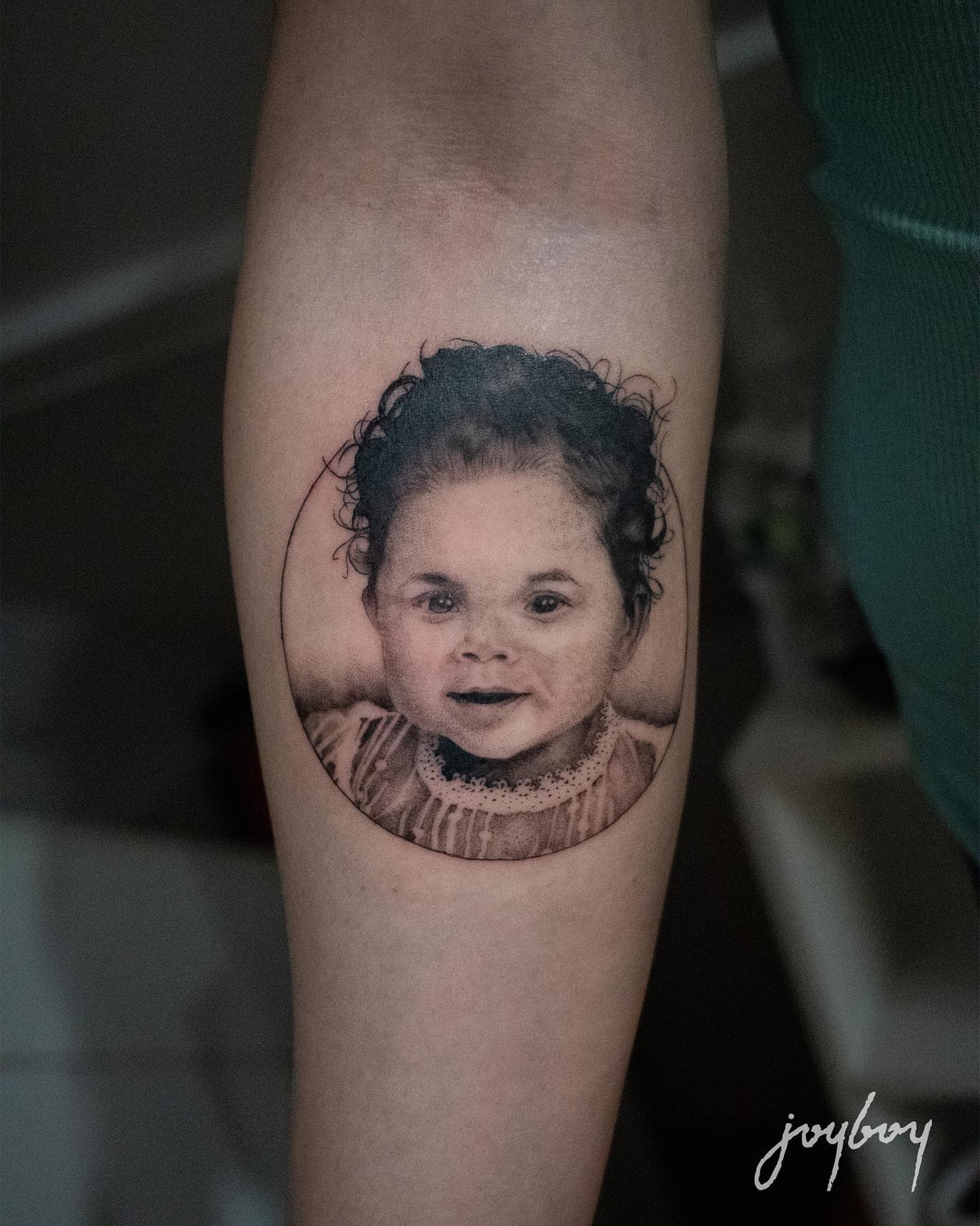 Child portrait realism tattoo on the forearm by Joel: Boston Tattoo Artist, Boston, Massachusetts
