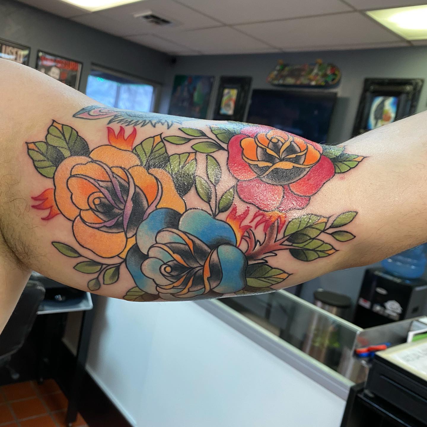 Roses American traditional tattoo on the forearm by Valen Laska