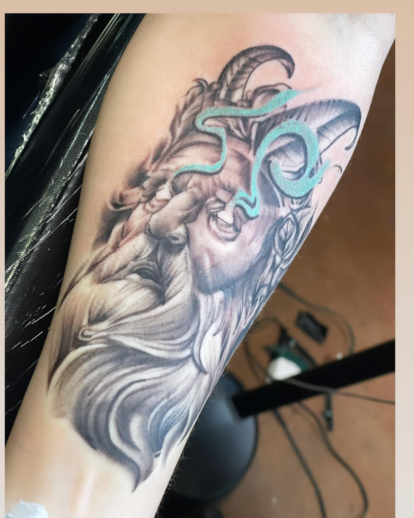 Goat head realism tattoo on the forearm by Mikeyftsk2