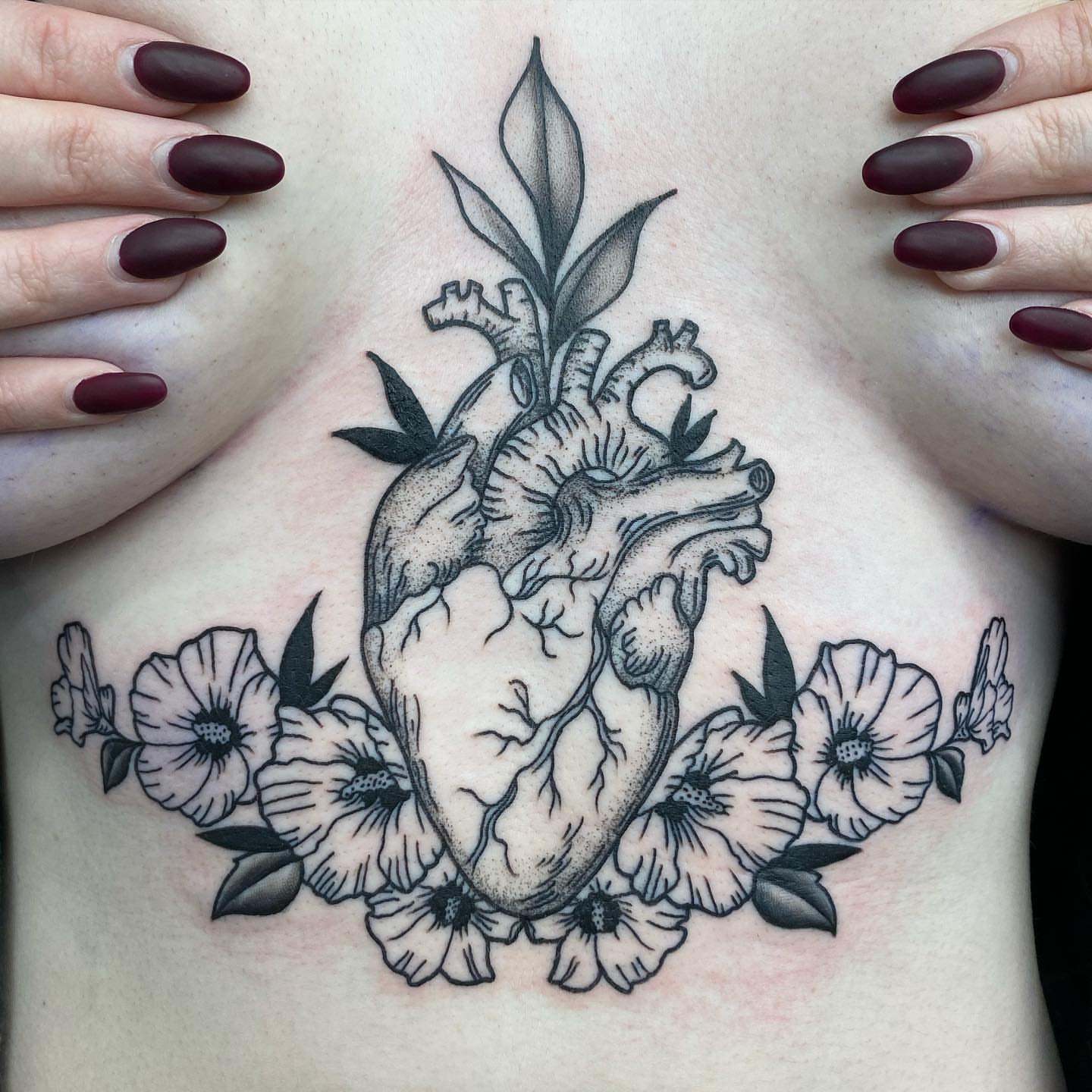 Anatomical heart with flowers dotwork tattoo on the ribs by 𝕤𝕒𝕣𝕒𝕙 𝕞𝕠𝕣𝕒𝕟📌, Dayton, Ohio