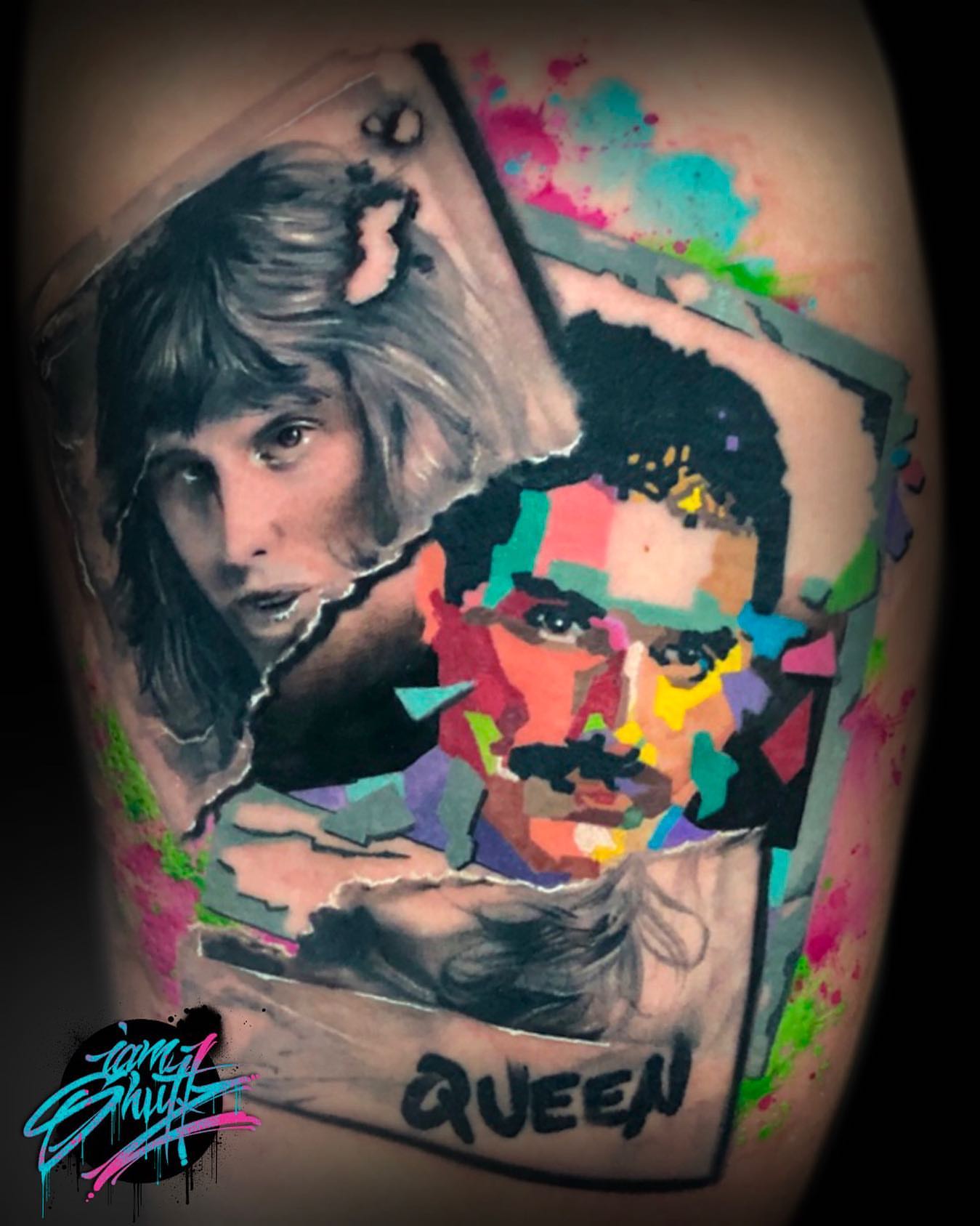 Queen band members realism tattoo on the thigh by Mike Shultz