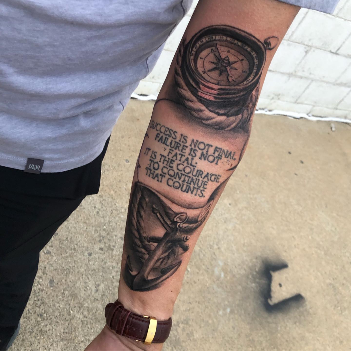 Compass and motivational quote realism tattoo on the forearm by Nick Jones (Buttonsandfaders)