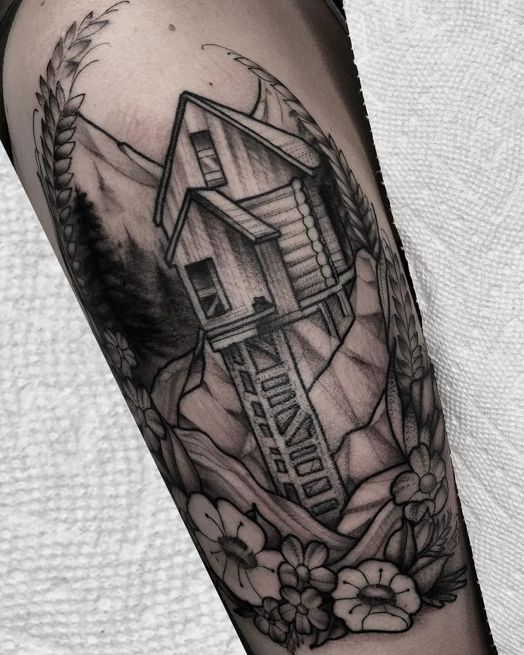 House on cliff geometric tattoo on the forearm by ✤ ᴋɪʀᴀ ᴋɴᴏᴡʟᴛᴏɴ ✤