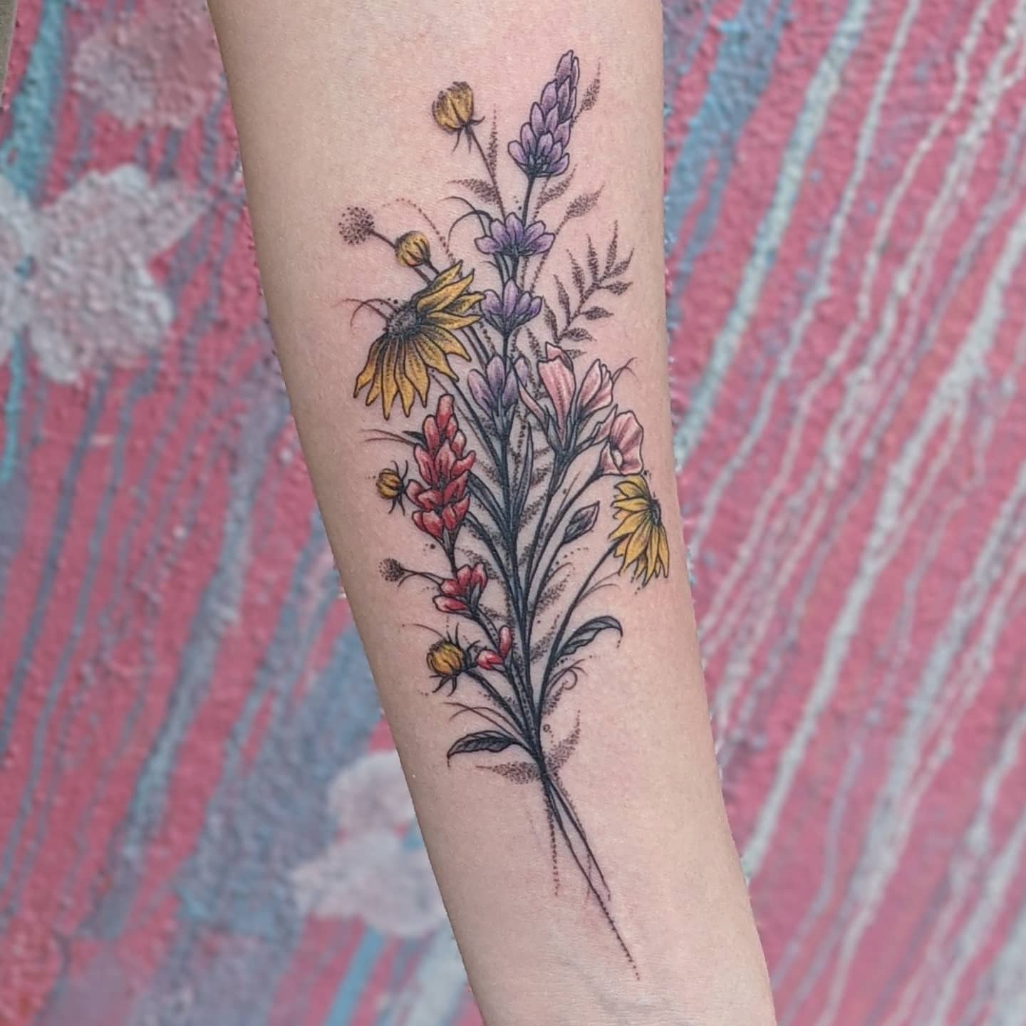 Wildflower bouquet dotwork tattoo on the forearm by Gail Howard Perry III