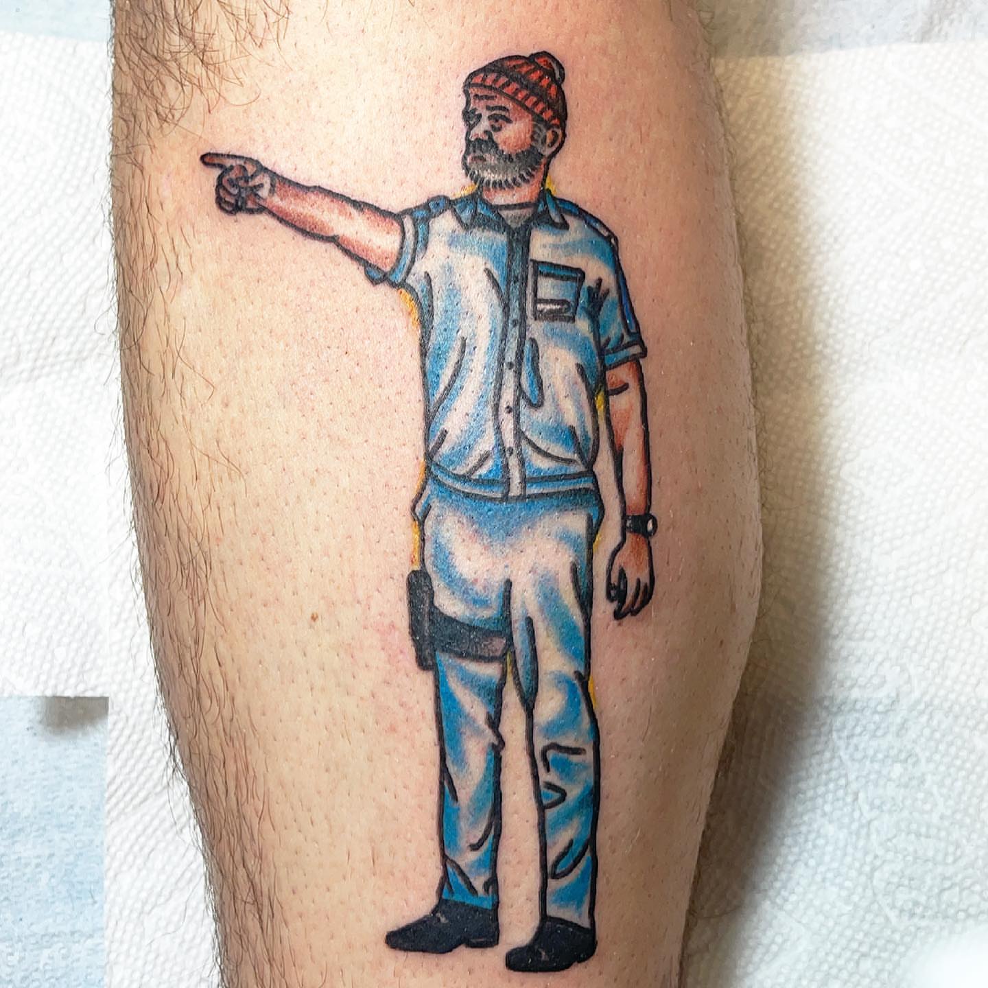 Bearded man pointing realism tattoo on the leg by @kevingaretz, Jersey City, New Jersey