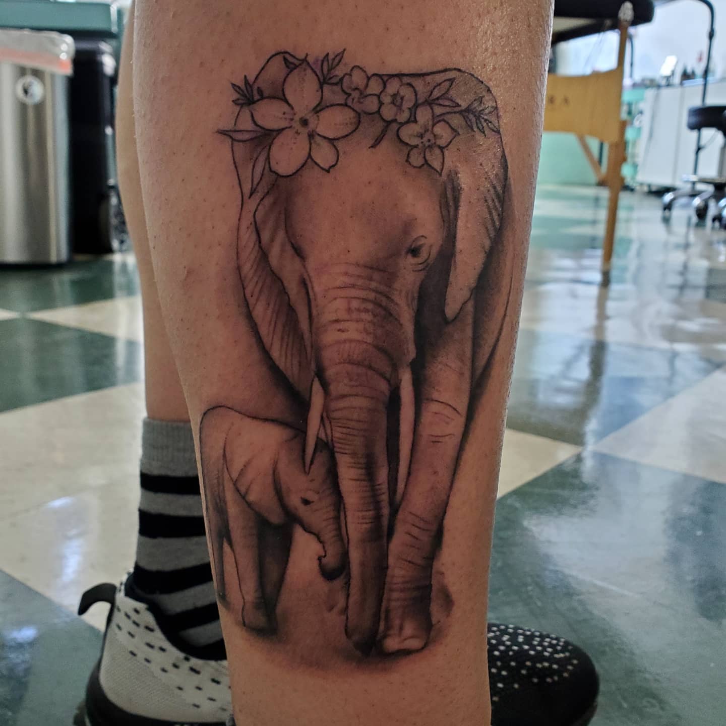Elephant and baby elephant realism tattoo on the forearm by David Nash, Evansville, Indiana