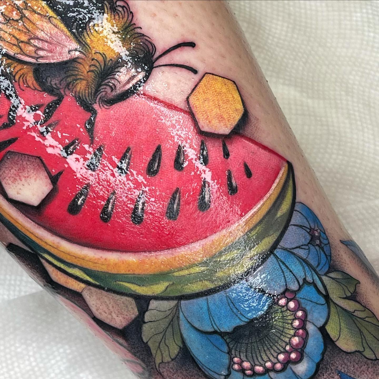 Watermelon slice American traditional tattoo on the forearm by ceci✨, Edinburg, Texas