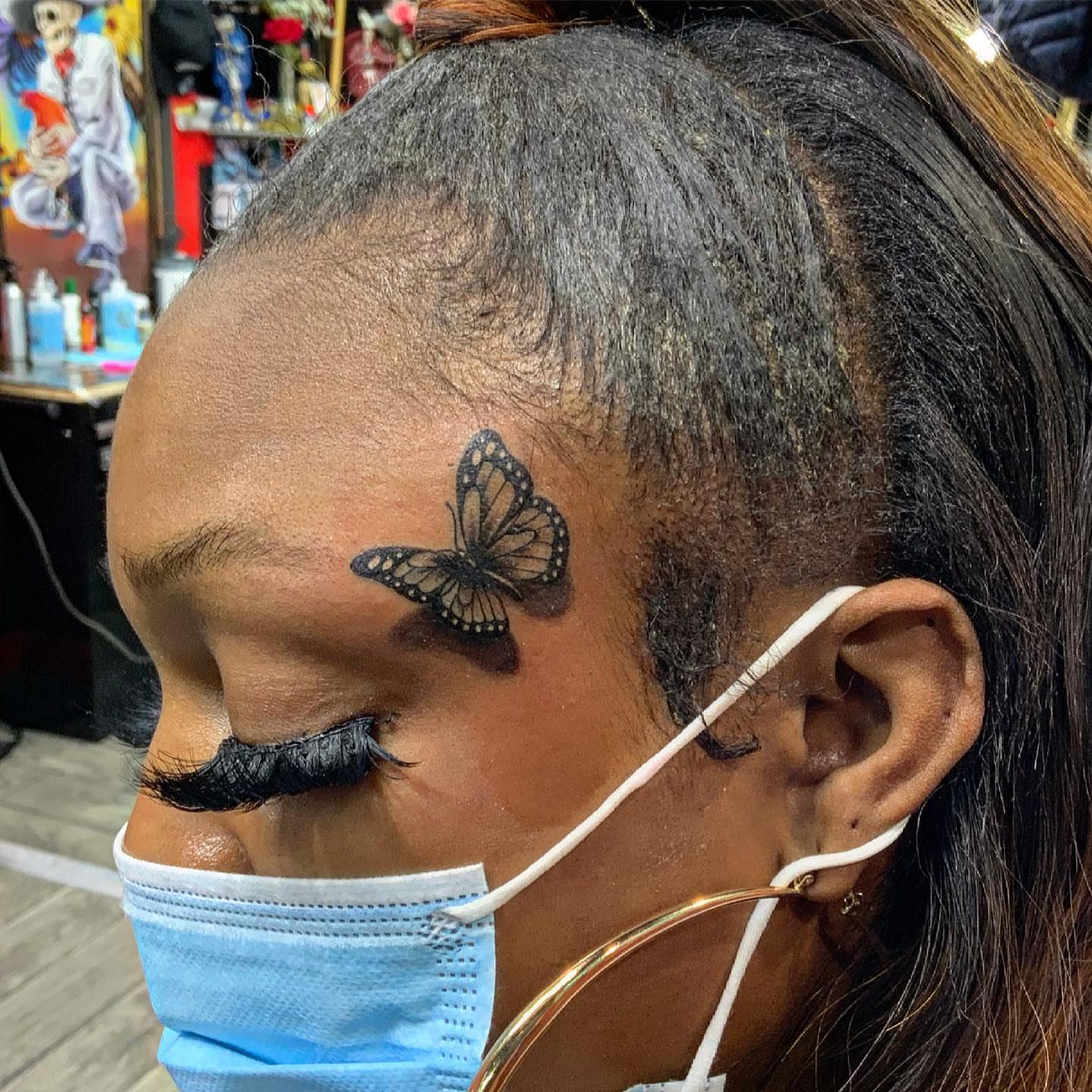 Butterfly realism tattoo on the head by Yari, Los Angeles, California