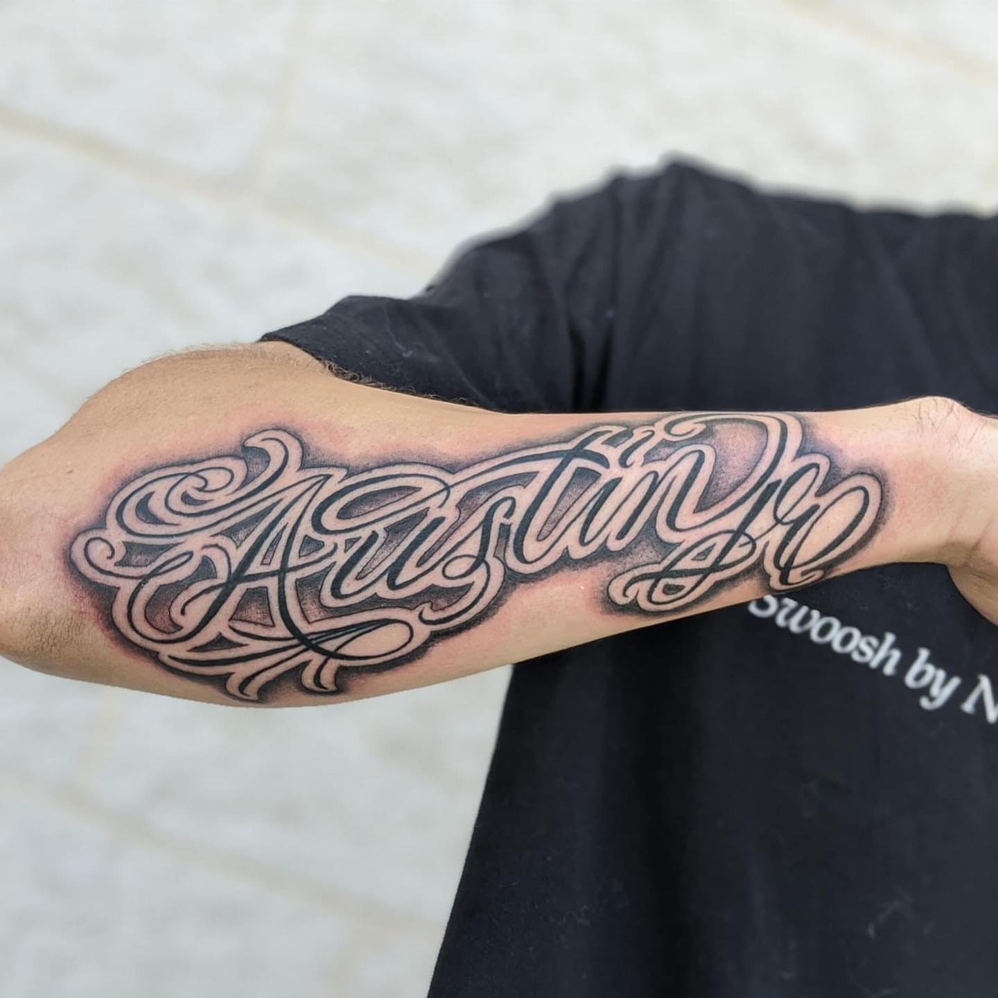 Script lettering lettering script tattoo on the forearm by Seth Scott