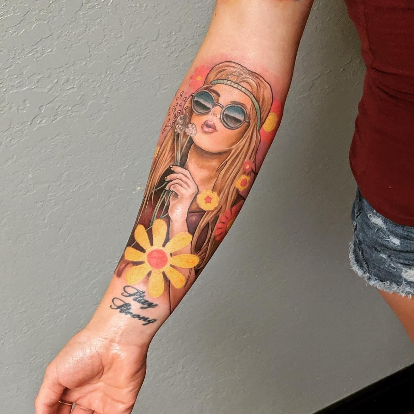 Hippie girl realism tattoo on the forearm by Seth Scott