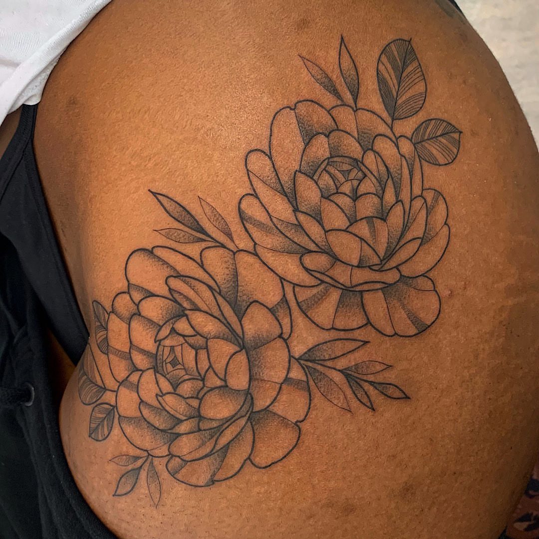 Peony flowers dotwork tattoo on the thigh by Shelby Ouellette