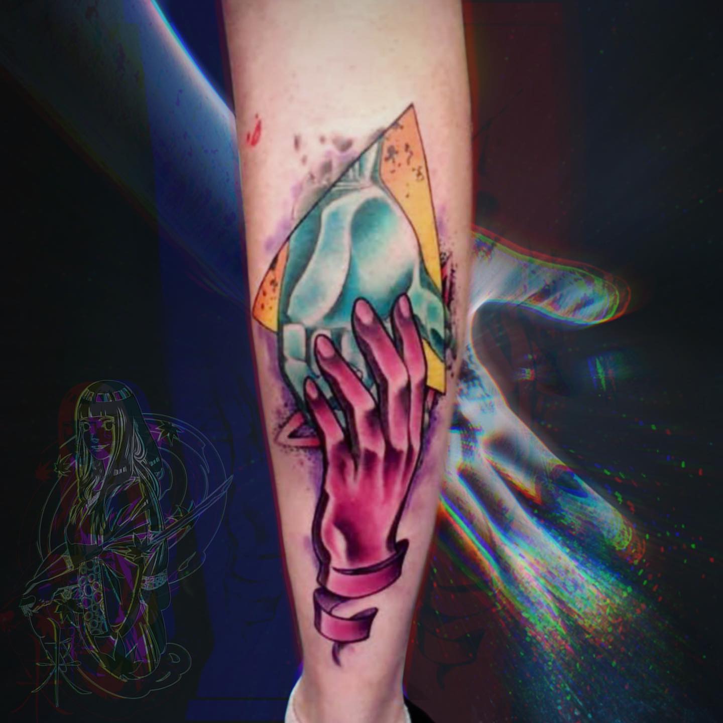 Hand and skull geometric tattoo on the forearm by Saint Jimmy
