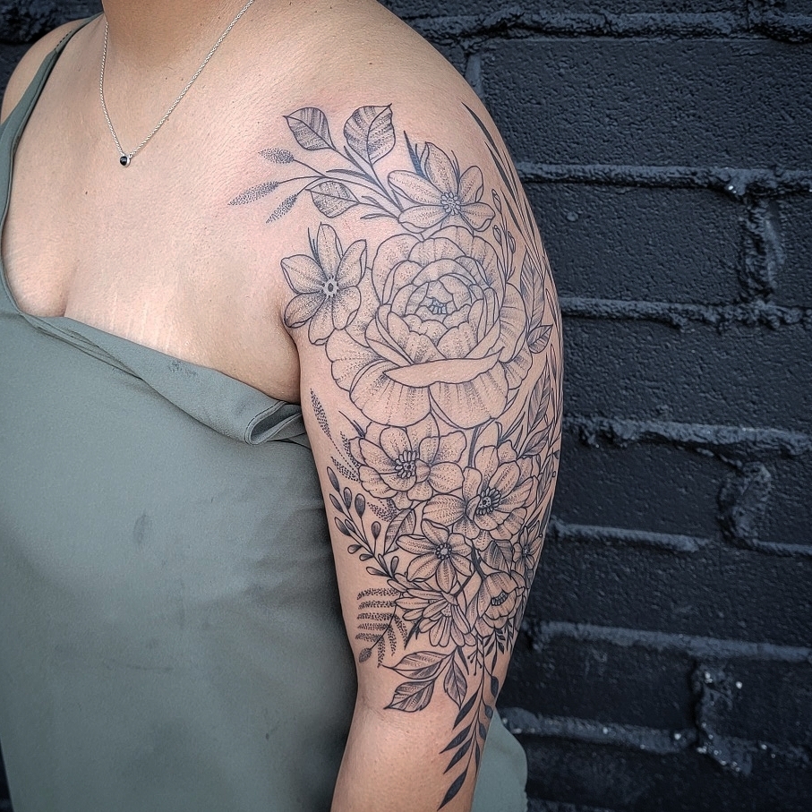 Floral bouquet black and grey tattoo on the shoulder by all gas no brakes! no days off!