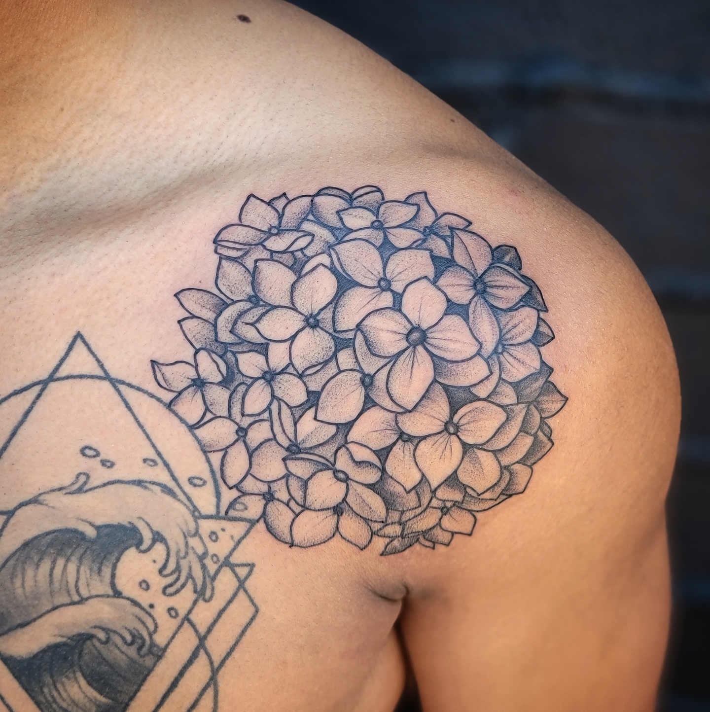 Hydrangea bouquet dotwork tattoo on the shoulder by all gas no brakes! no days off!