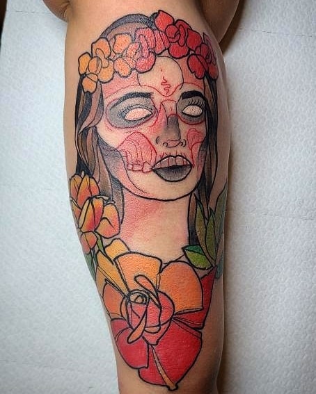 Catrina American traditional tattoo on the forearm by ๐๐ฌ๐ฐ๐ฅ ๐๐ฌ๐ฌ๐ซ