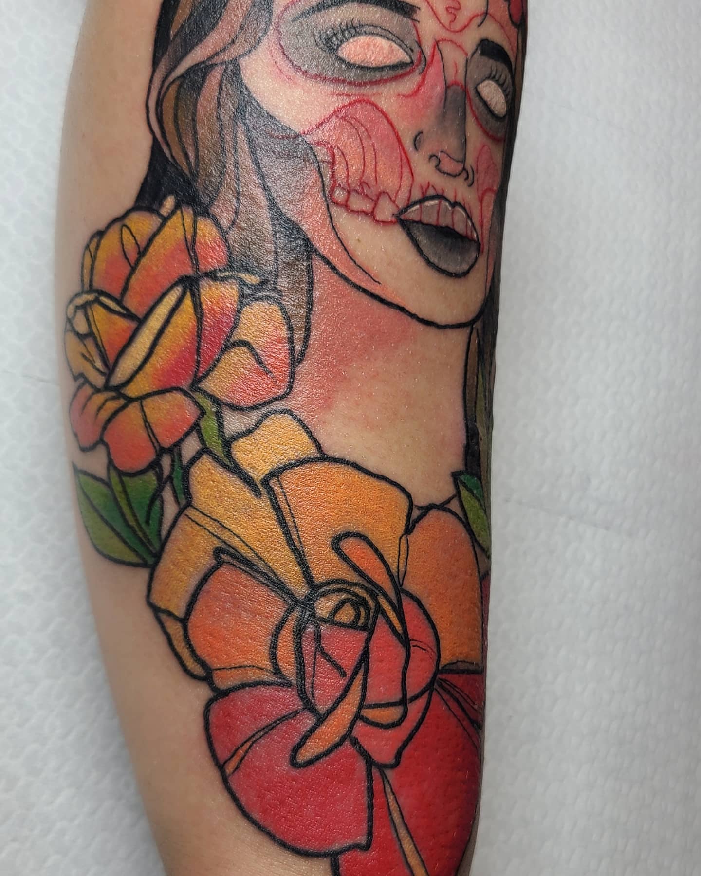 Woman with roses American traditional tattoo on the forearm by ๐๐ฌ๐ฐ๐ฅ ๐๐ฌ๐ฌ๐ซ
