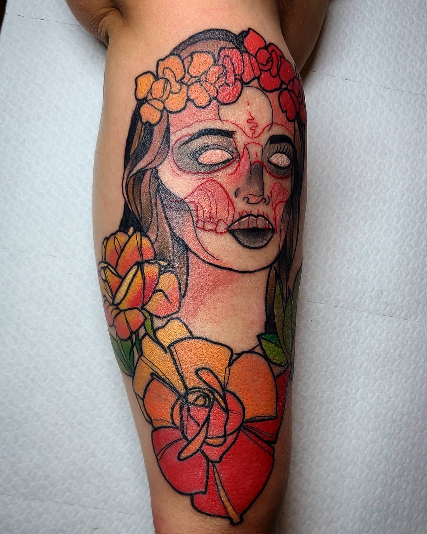 Catrina American traditional tattoo on the forearm by ๐๐ฌ๐ฐ๐ฅ ๐๐ฌ๐ฌ๐ซ