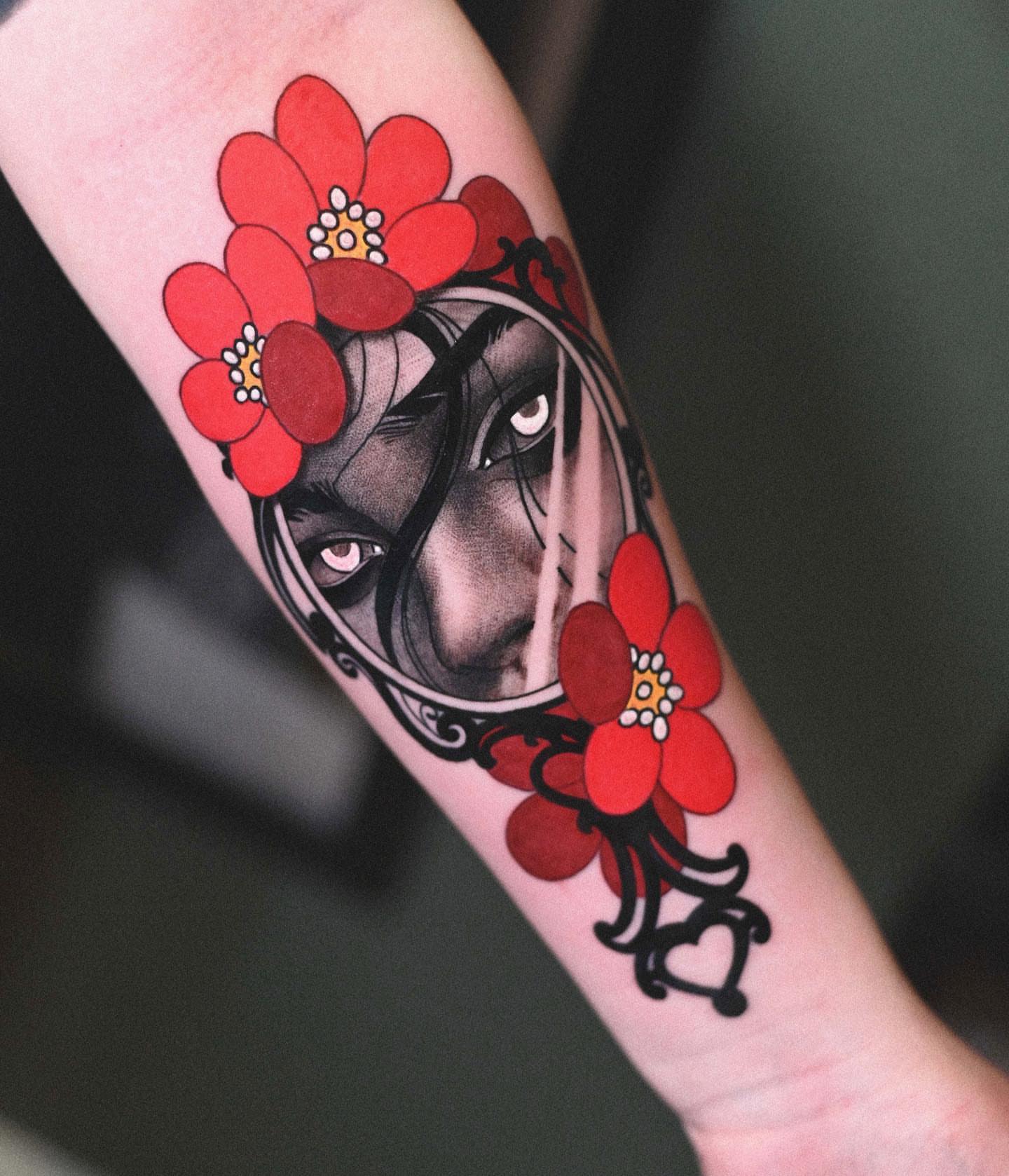 Woman's face with flowers dotwork tattoo on the forearm by Lorenzo Lopez