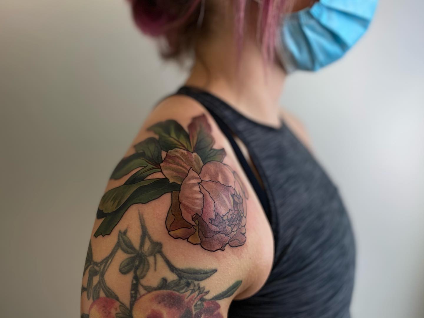 Peony realism tattoo on the shoulder by Rusty Indigo
