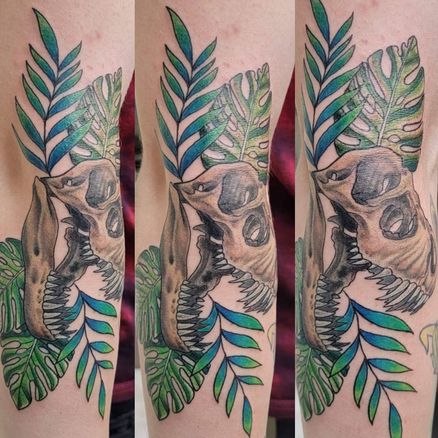Dinosaur skull with leaves realism tattoo on the forearm by Ginny McCormick, Richmond, Virginia