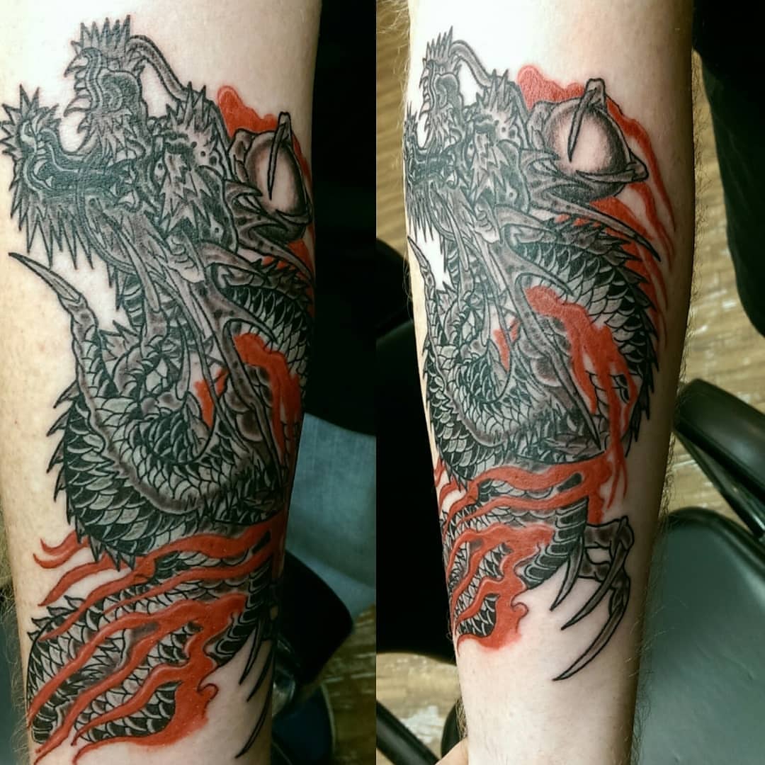 Dragon japanese irezumi tattoo on the forearm by Rue McLean