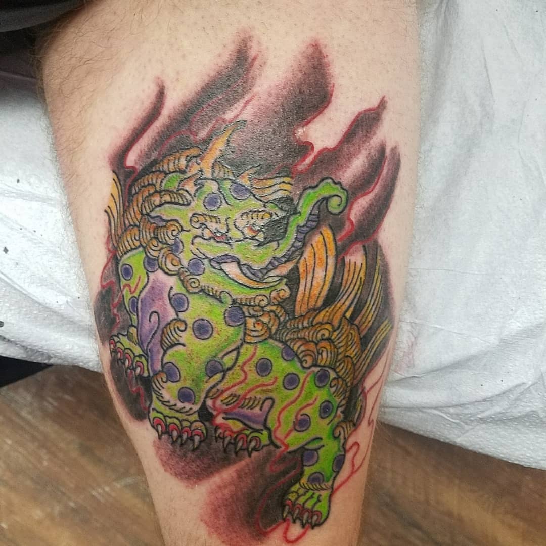 Mythical creature dotwork tattoo on the thigh by Rue McLean
