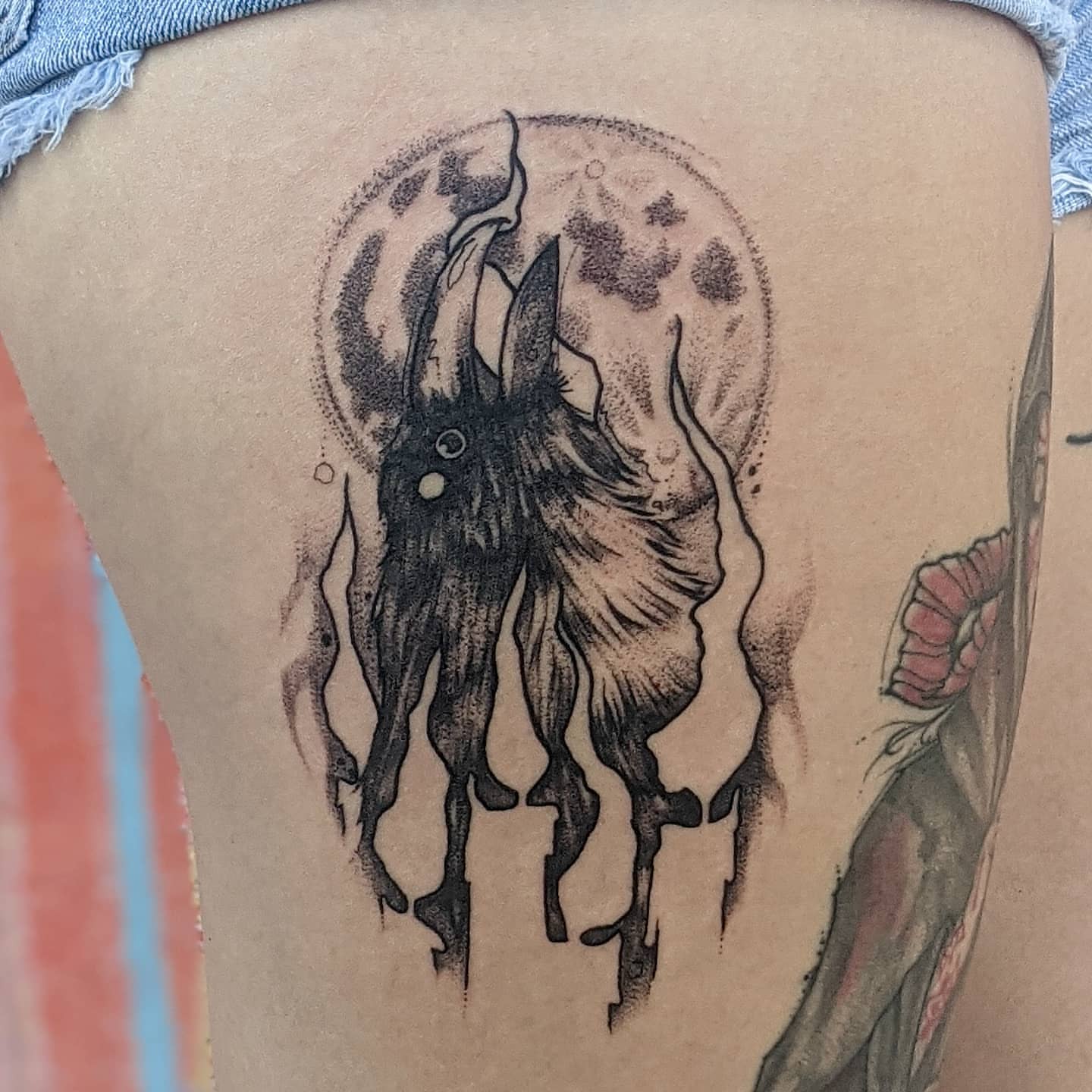 Demon dotwork tattoo on the thigh by Gail Howard Perry III