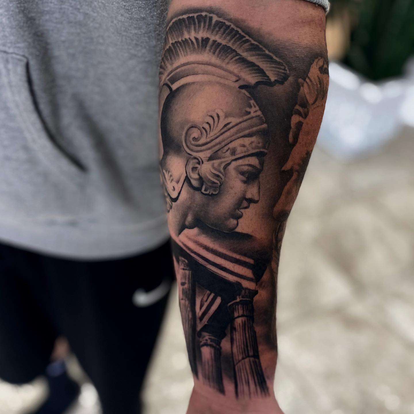 Ancient warrior black and grey tattoo on the forearm by Aaron Carey, Salem, Oregon