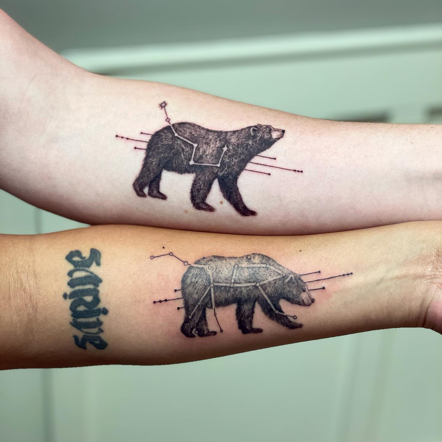 Bear geometric tattoo on the forearm by eugene k 🌈, San Francisco, California
