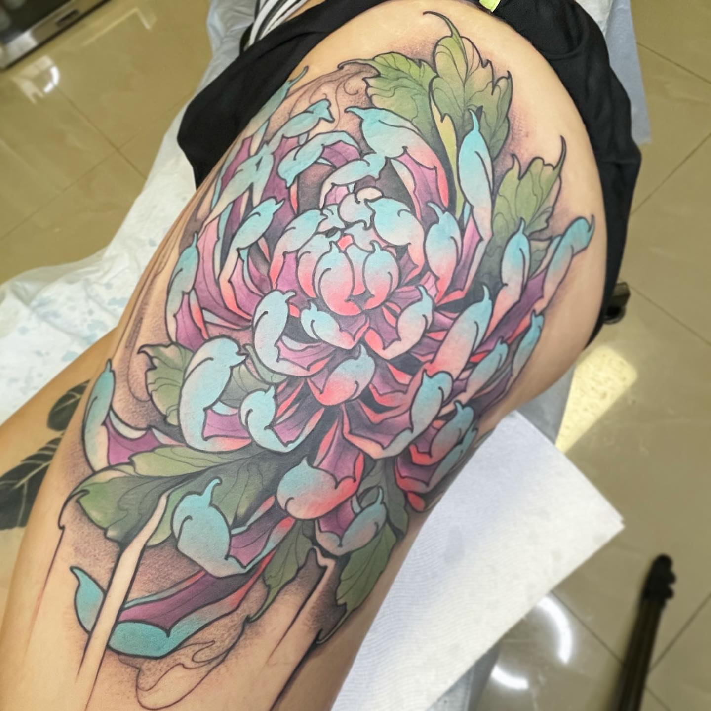Chrysanthemum watercolor tattoo on the thigh by ceci✨, Edinburg, Texas