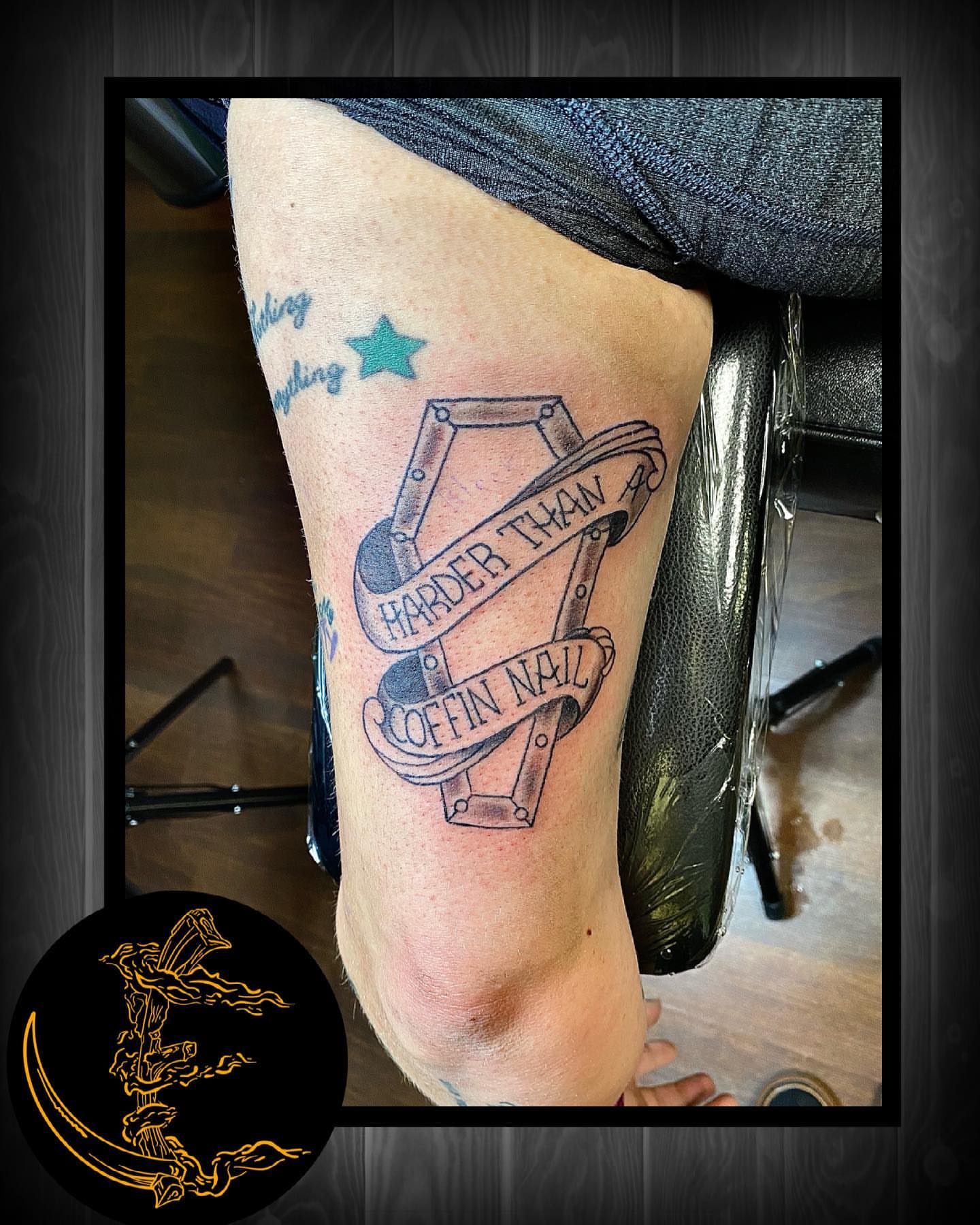 Coffin nail American traditional tattoo on the thigh by ☀️ 𝕵𝖆𝖒𝖎𝖘𝖔𝖓 𝕰𝖑𝖑𝖘𝖜𝖔𝖗𝖙𝖍 🌑