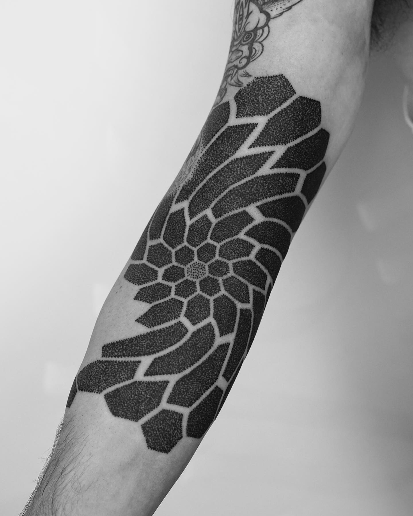 Geometric pattern dotwork tattoo on the forearm by Ross Krandel
