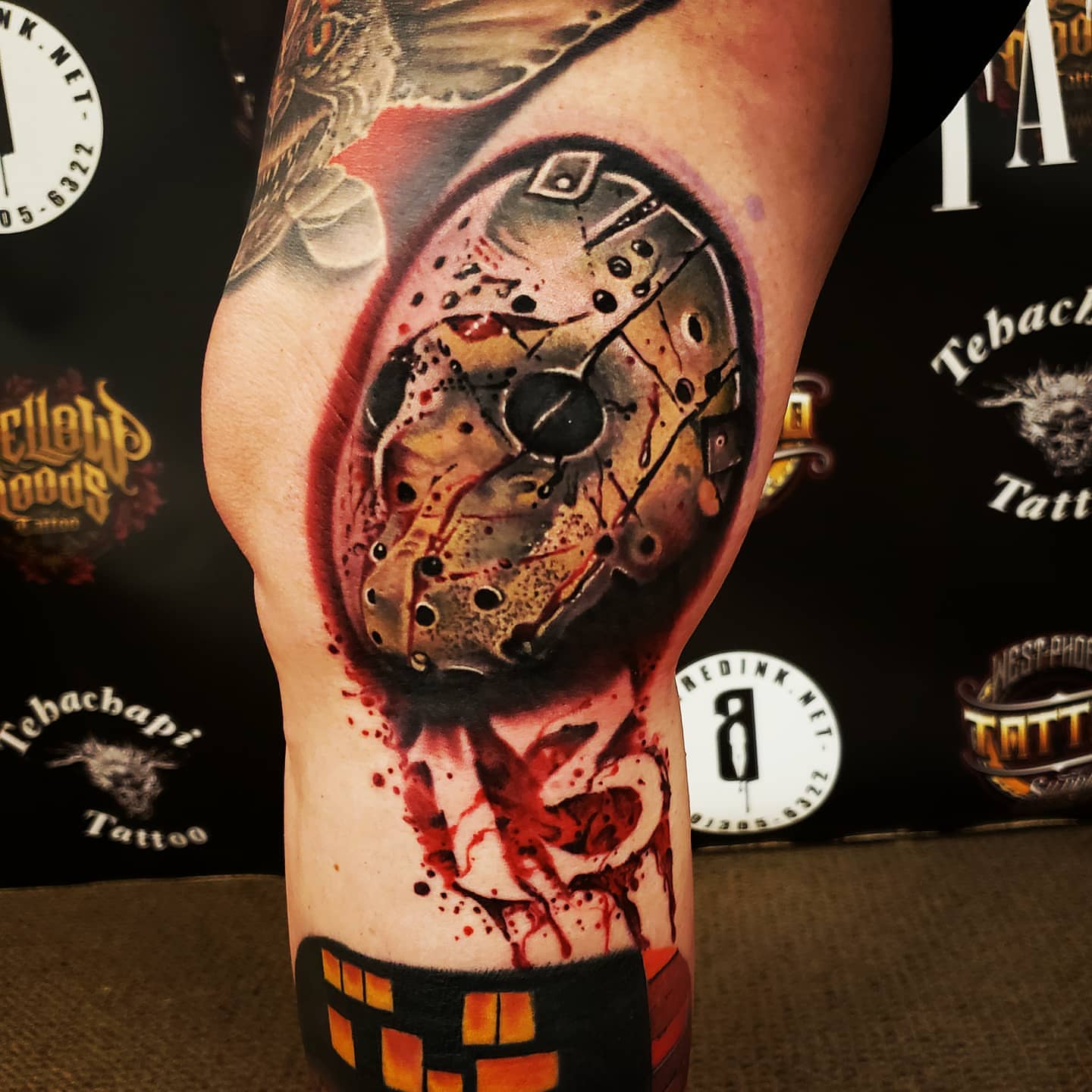 Mask dark realism tattoo on the forearm by Mark Melanson