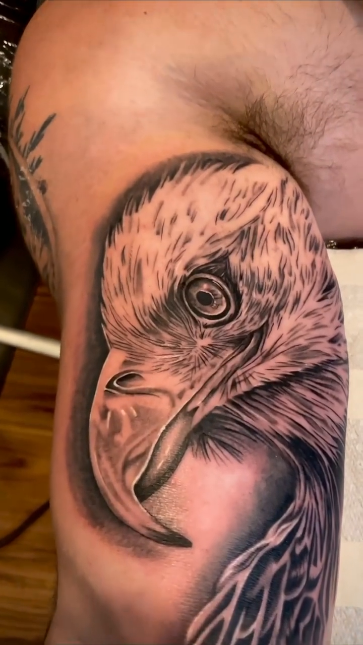 Eagle portrait realism tattoo by Elijah Forster - Nashville Tattoo Artist