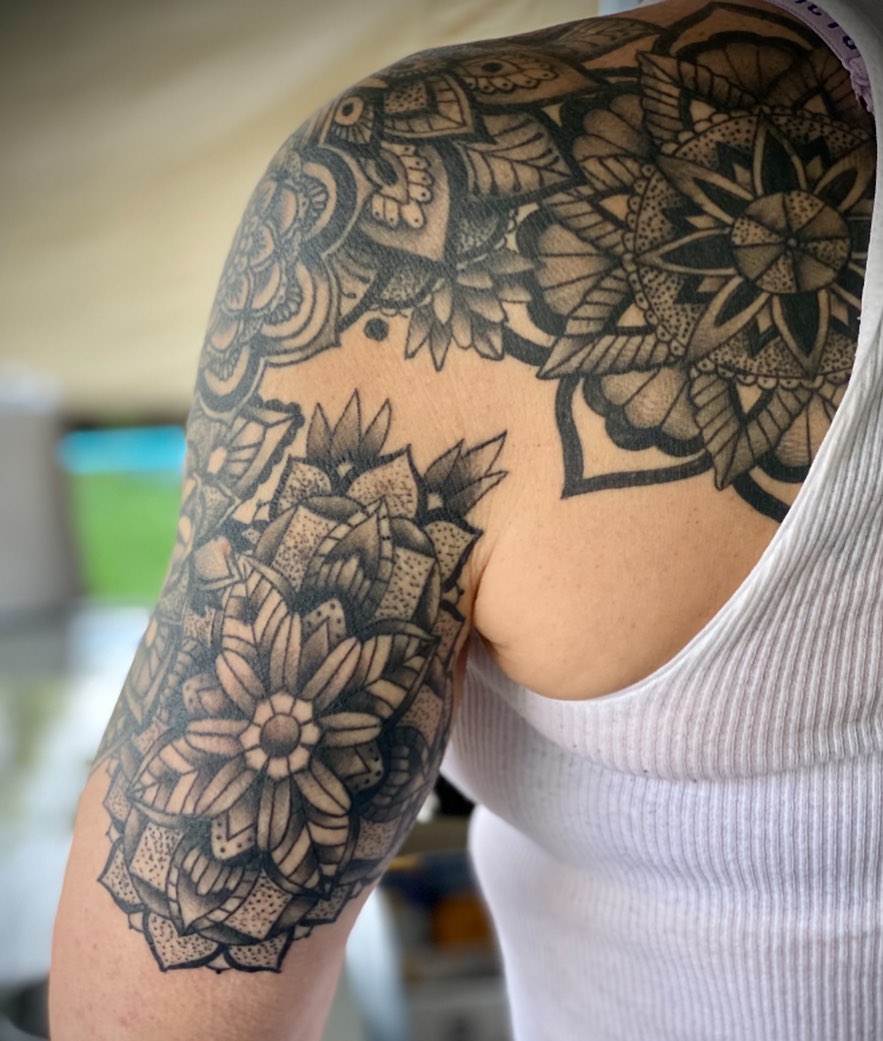 Floral mandala geometric tattoo on the shoulder by IdleHandsFlex, New Orleans, Louisiana