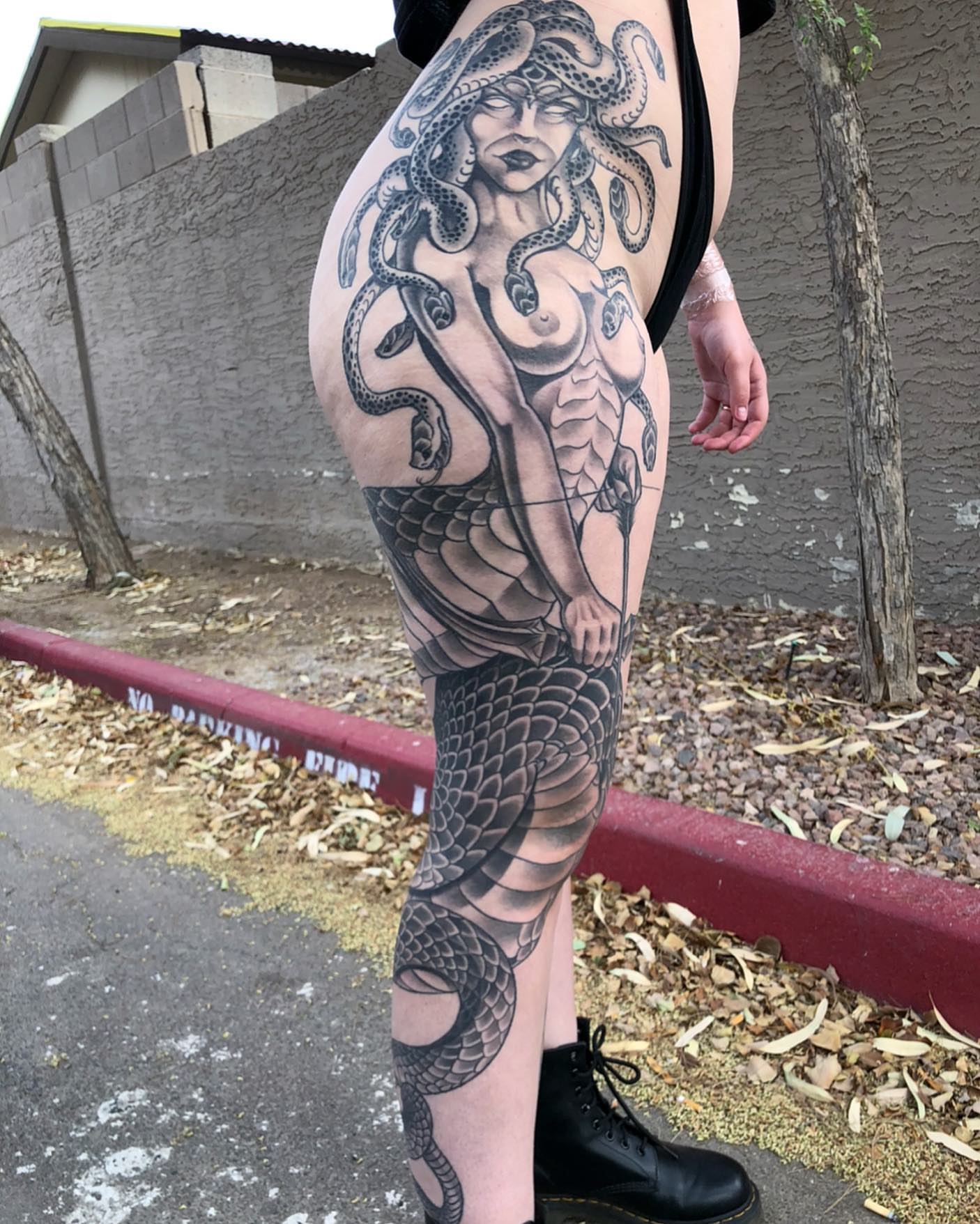 Medusa realism tattoo on the thigh by Byron Winkelman, Gilbert, Arizona