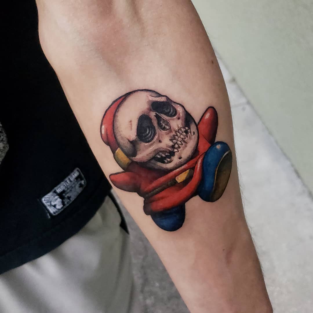 Skull in red jacket realism tattoo on the forearm by @doctorze
