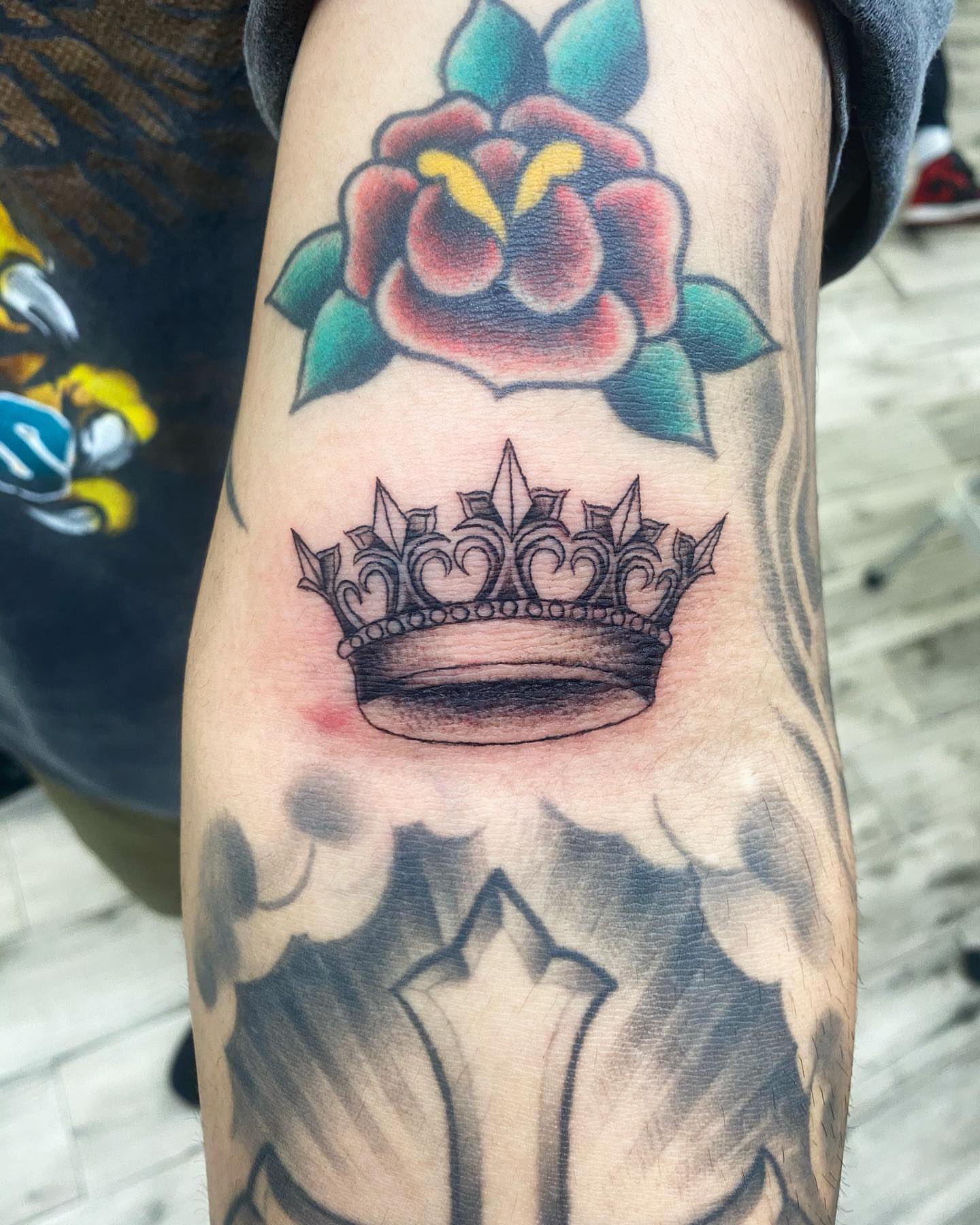 Crown American traditional tattoo on the forearm by Monique Ortiz, Mesa, Arizona