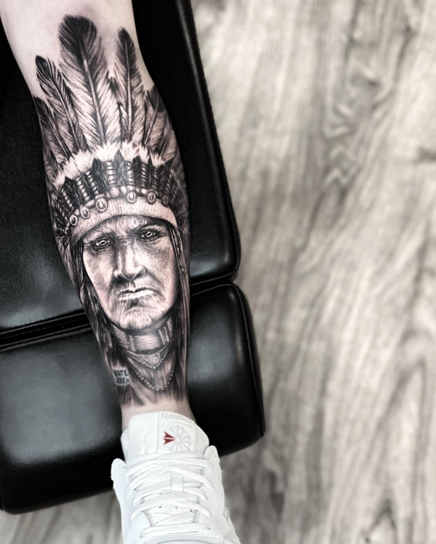 Indian chief realism tattoo on the forearm by Robin Spitschan
