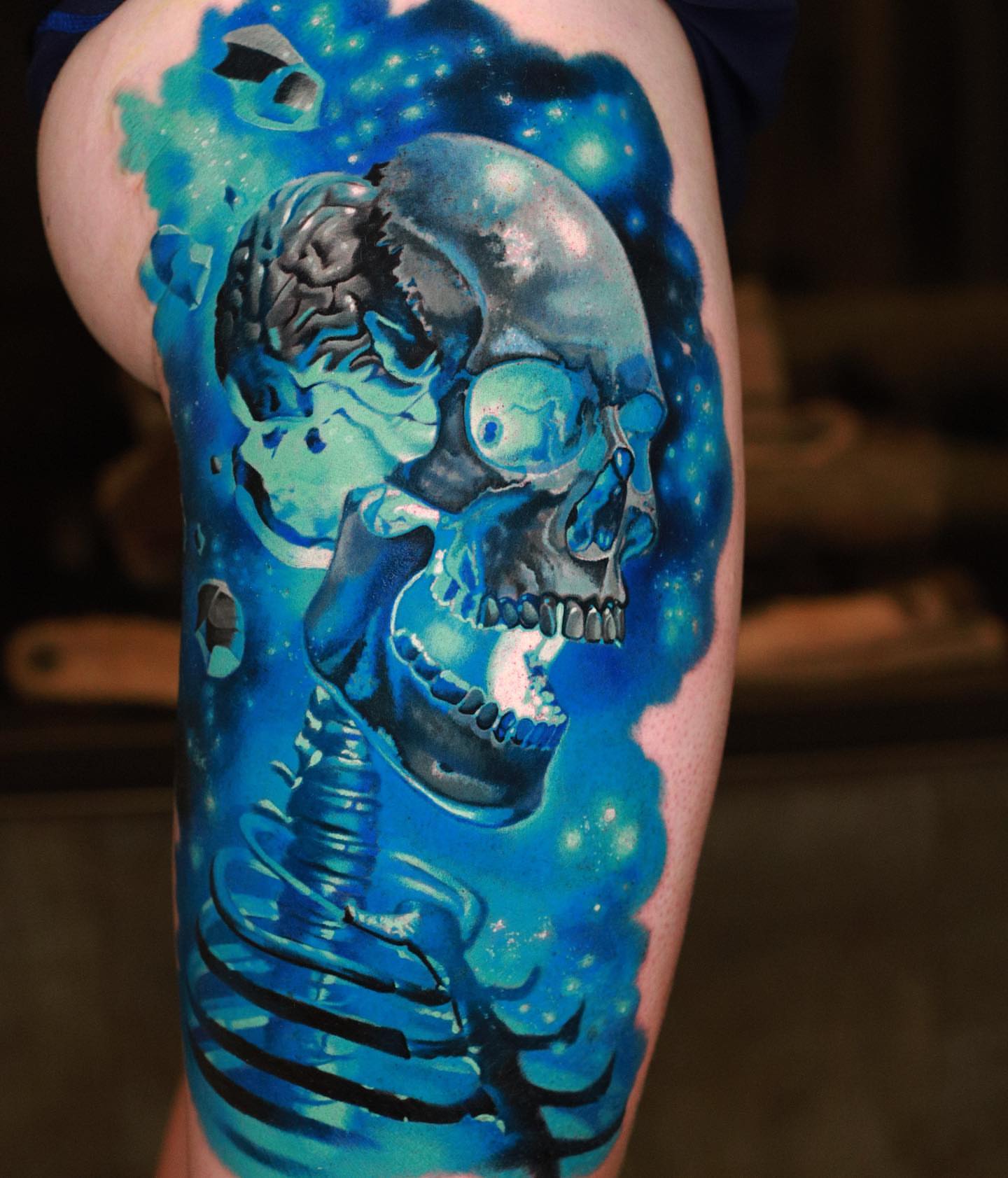 Galactic skull dotwork tattoo on the forearm by Jacob Sheffield, Grand Junction, Colorado