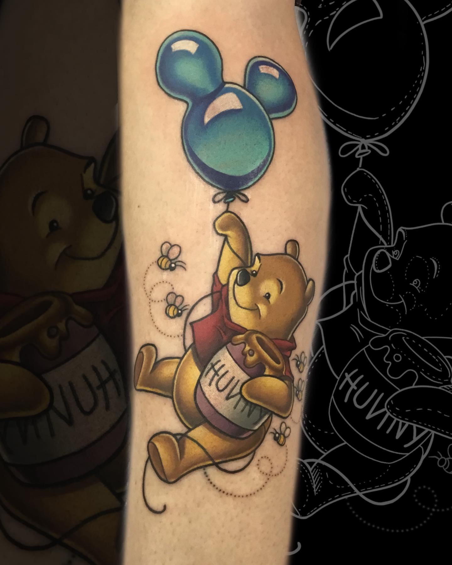 Winnie the Pooh with balloons illustrative tattoo on the forearm by Ariel Robinson