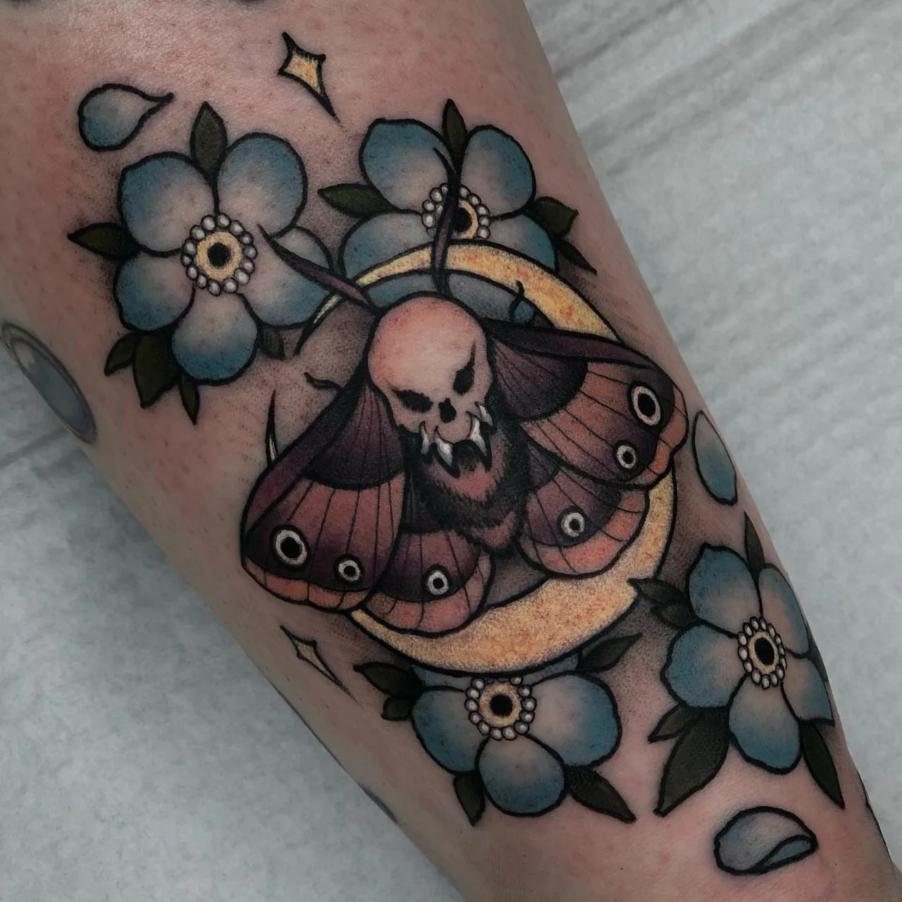 Moth and flowers American traditional tattoo on the forearm by ✤ ᴋɪʀᴀ ᴋɴᴏᴡʟᴛᴏɴ ✤