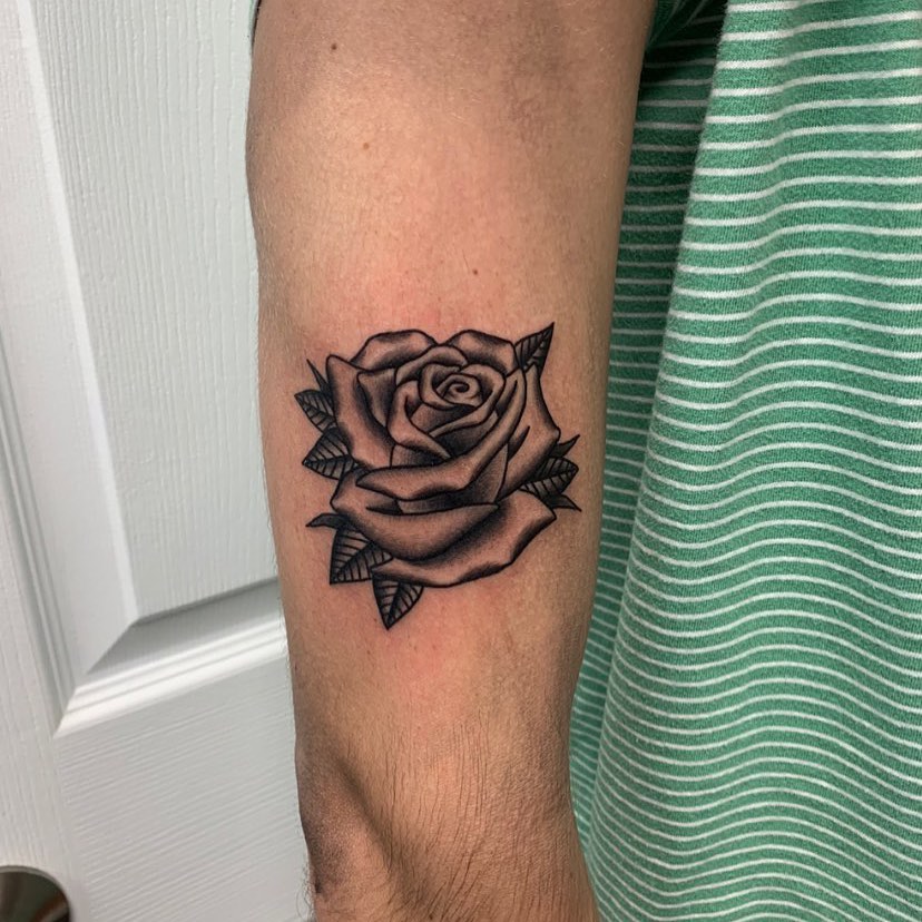 Rose black and grey tattoo on the forearm by Jenn ★ Reid