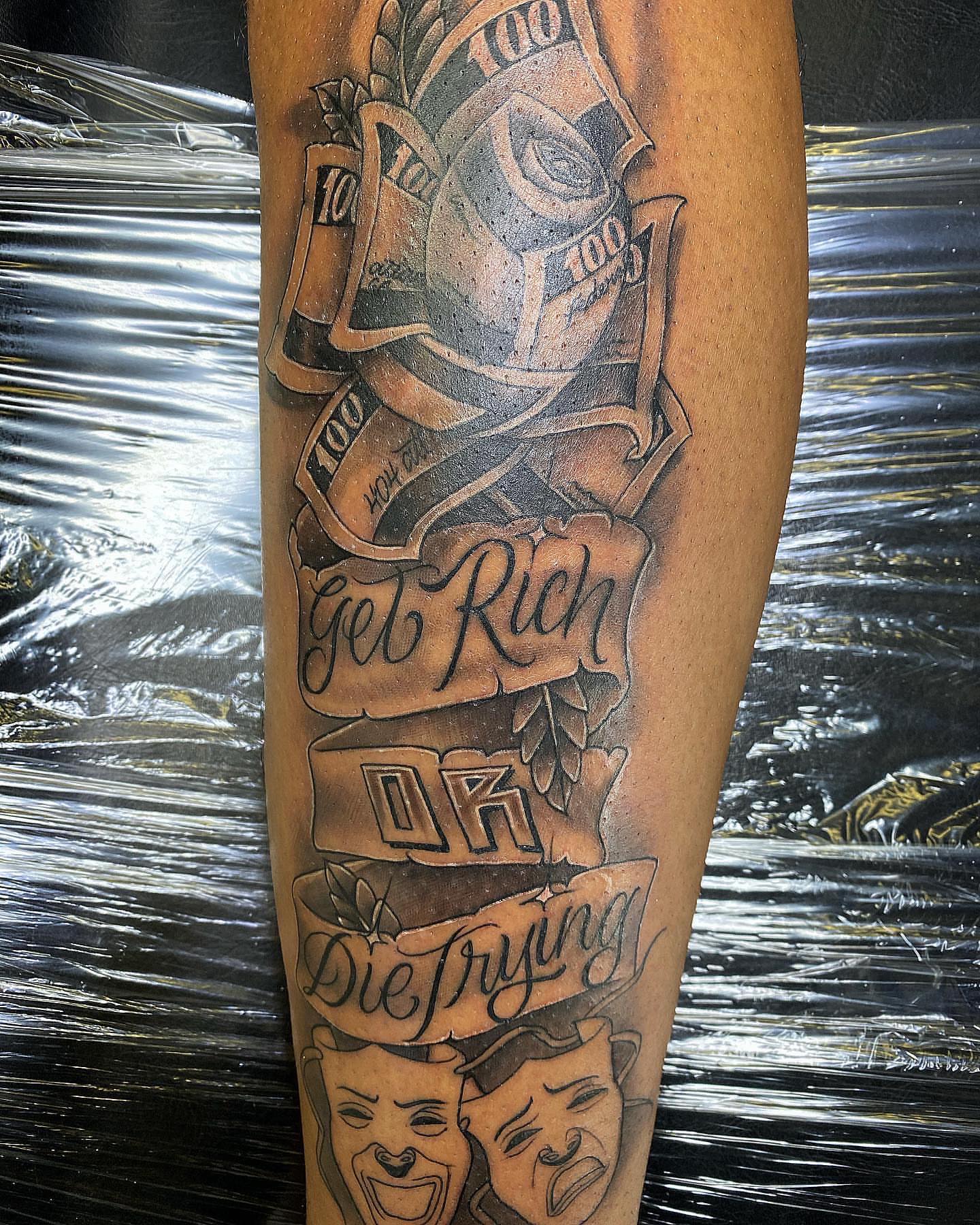 Get rich or die trying American traditional tattoo on the forearm by TattsByShorty
