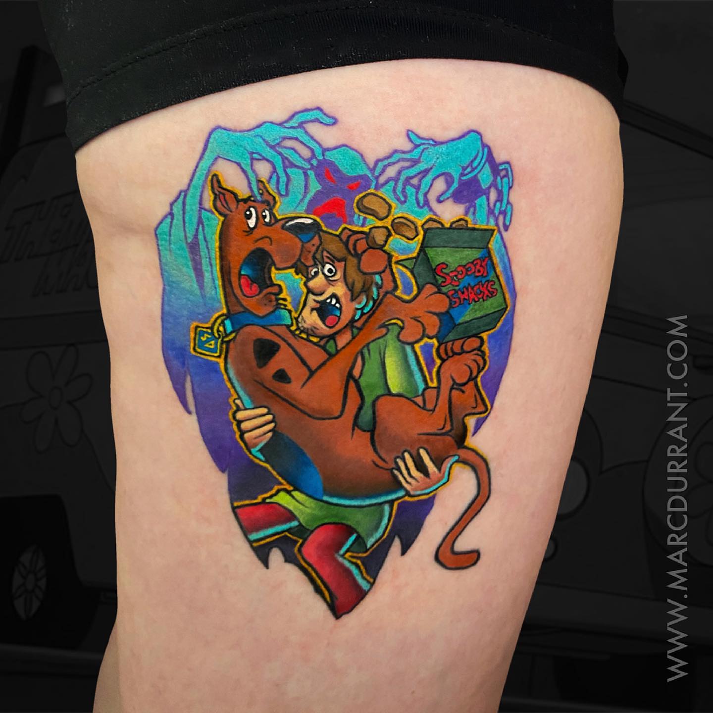 Scooby-Doo and Shaggy new school tattoo on the thigh by ᴍᴀʀᴄ ᴅᴜʀʀᴀɴᴛ, Los Angeles, California